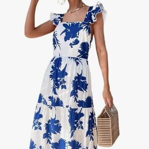 Blue Floral Open Back Butterfly Sleeve Maxi Dress Size M